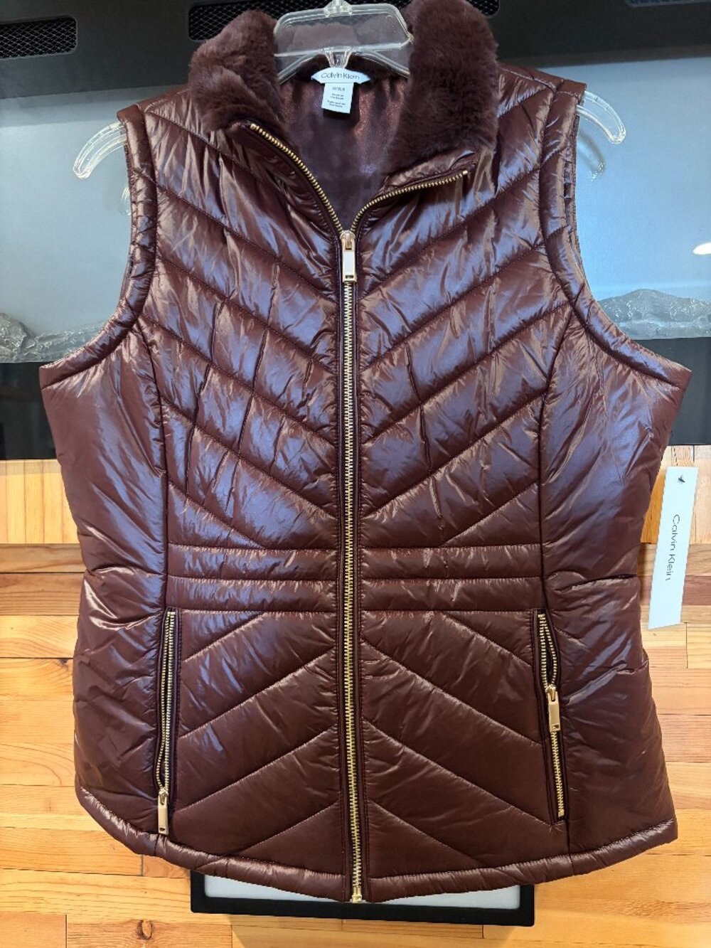 Calvin Klein Rich Brown Quilted Puffer Vest Faux Fur Collar NWT Size S $129